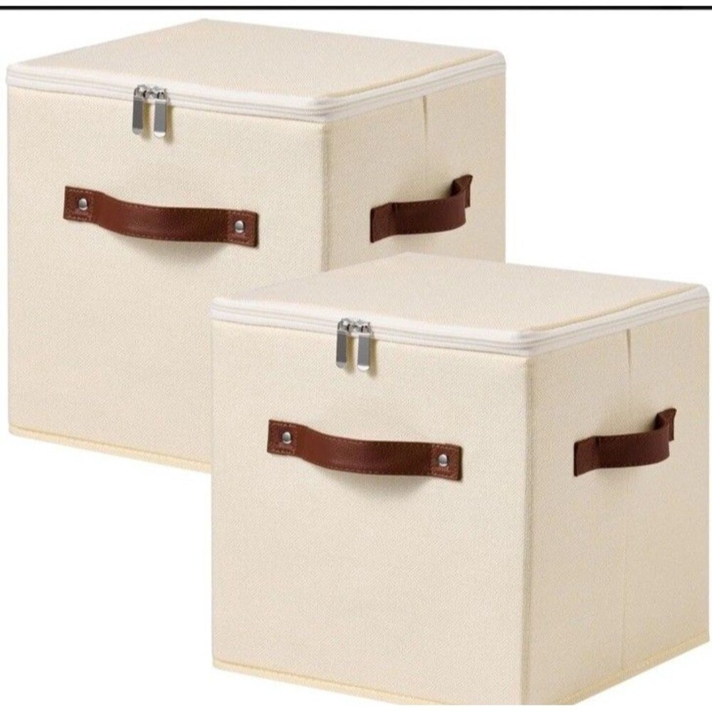 2PCS Storage Bins Box with Zippered Lid Decorative PU Leather Fabric Basket